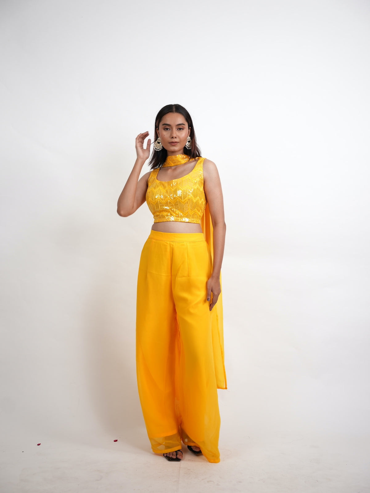 Yellow Sequin Crop Top Sharara Set