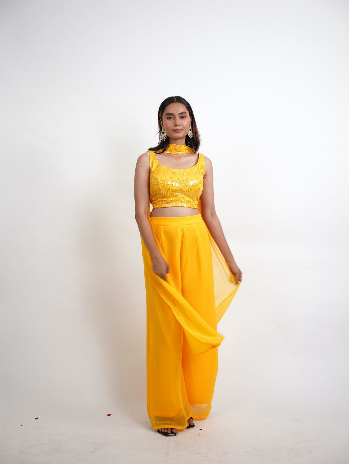 Yellow Sequin Crop Top Sharara Set