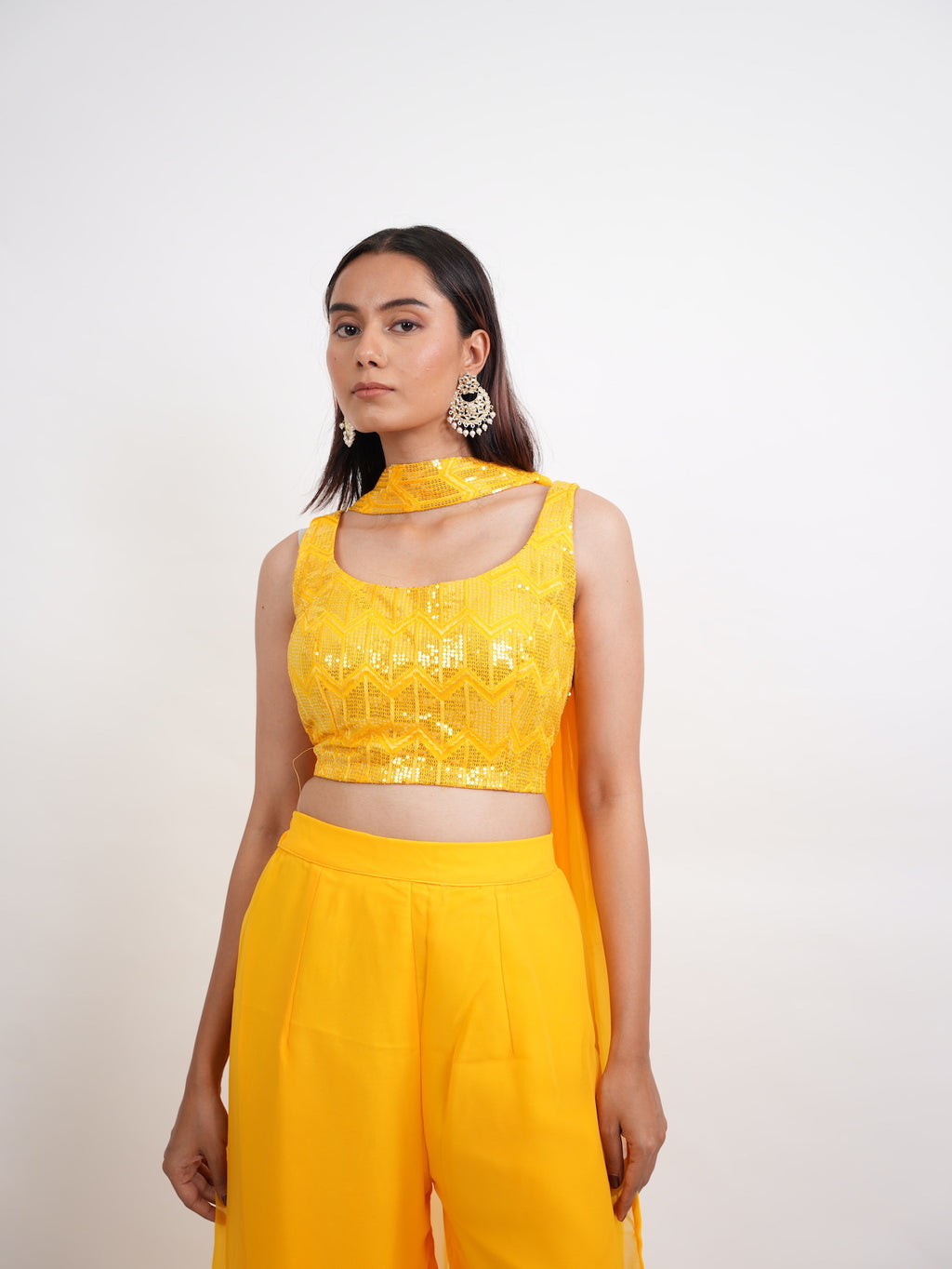 Yellow Sequin Crop Top Sharara Set