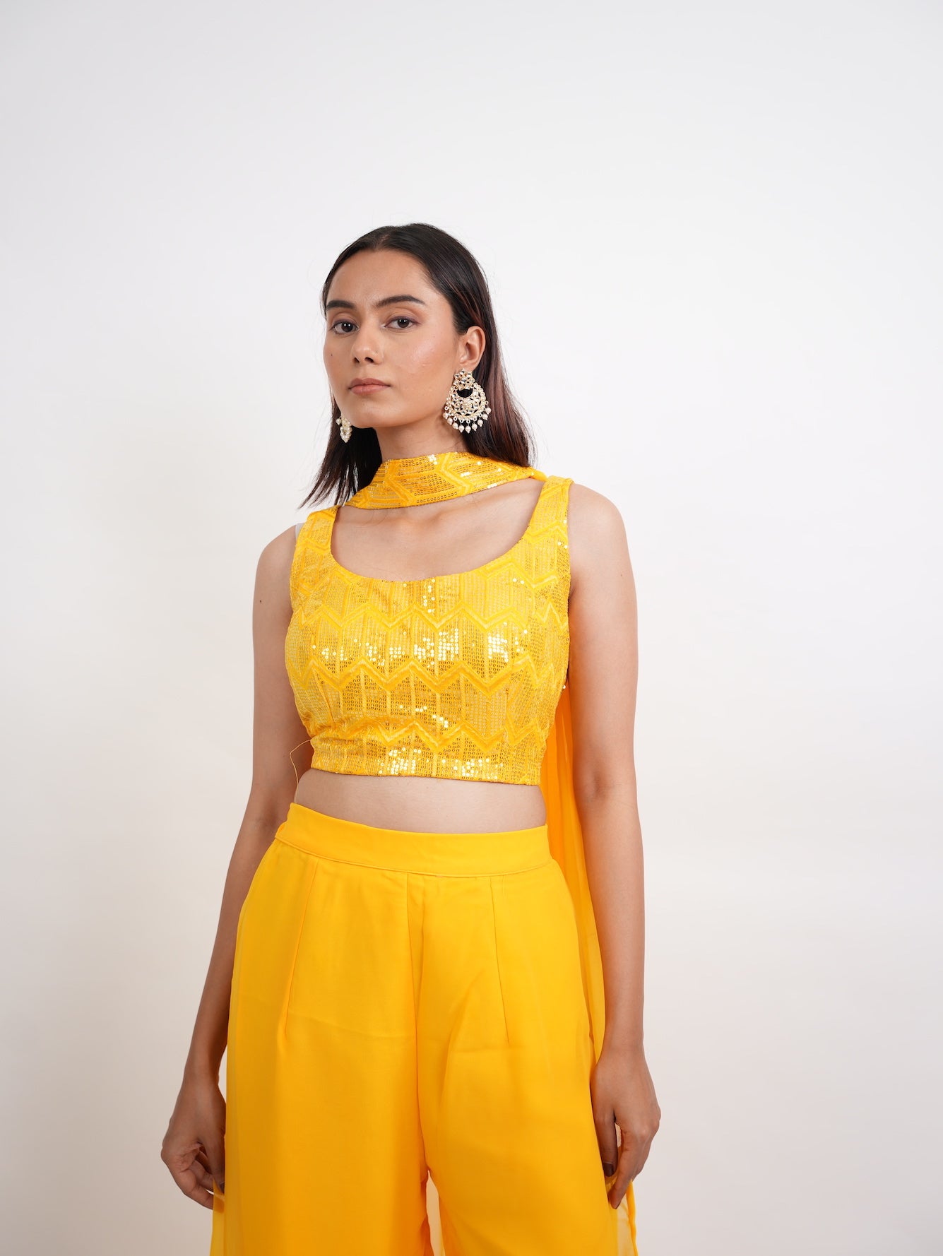 Yellow Sequin Crop Top Sharara Set