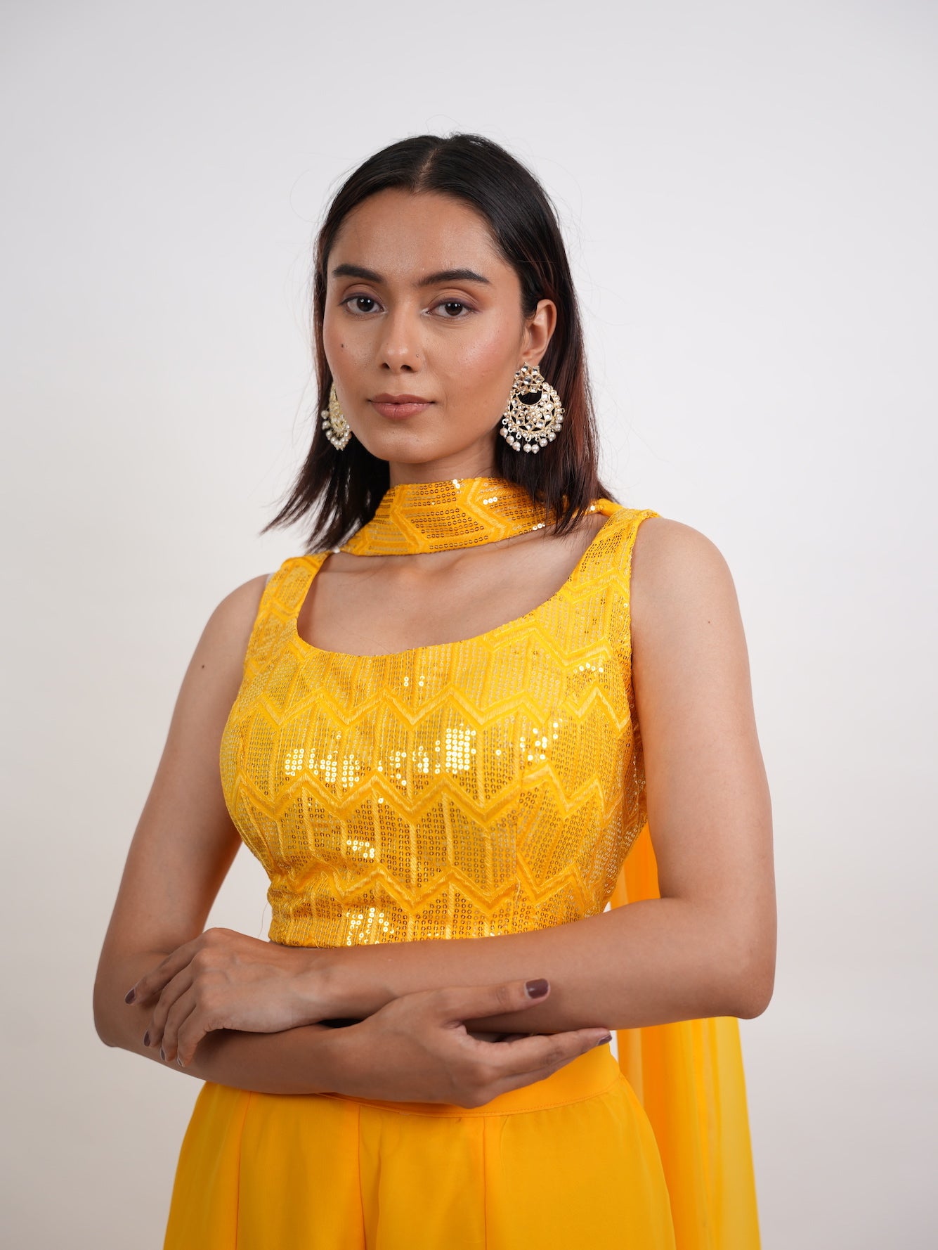 Yellow Sequin Crop Top Sharara Set