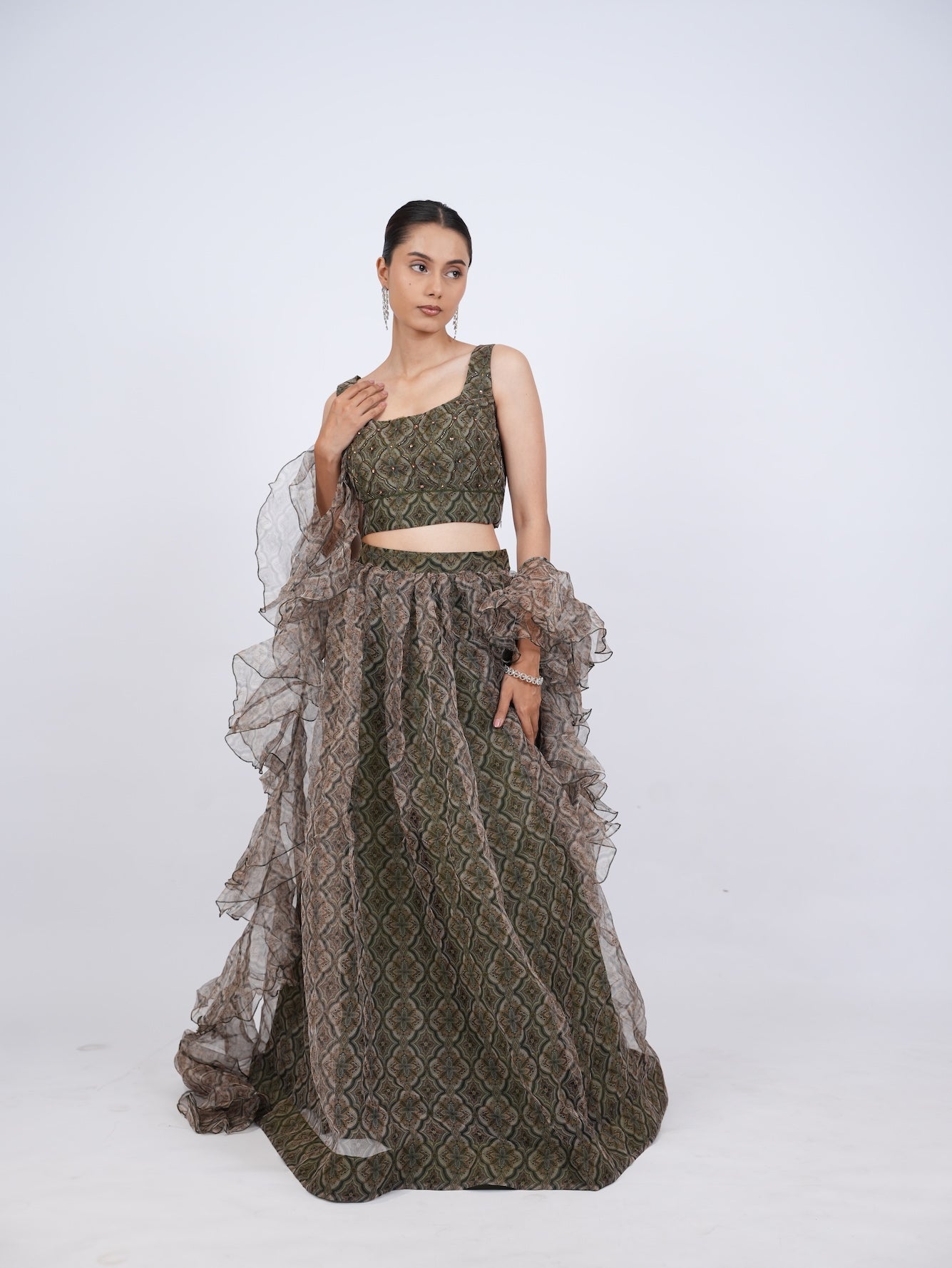 Olive Patterned Lehenga Set