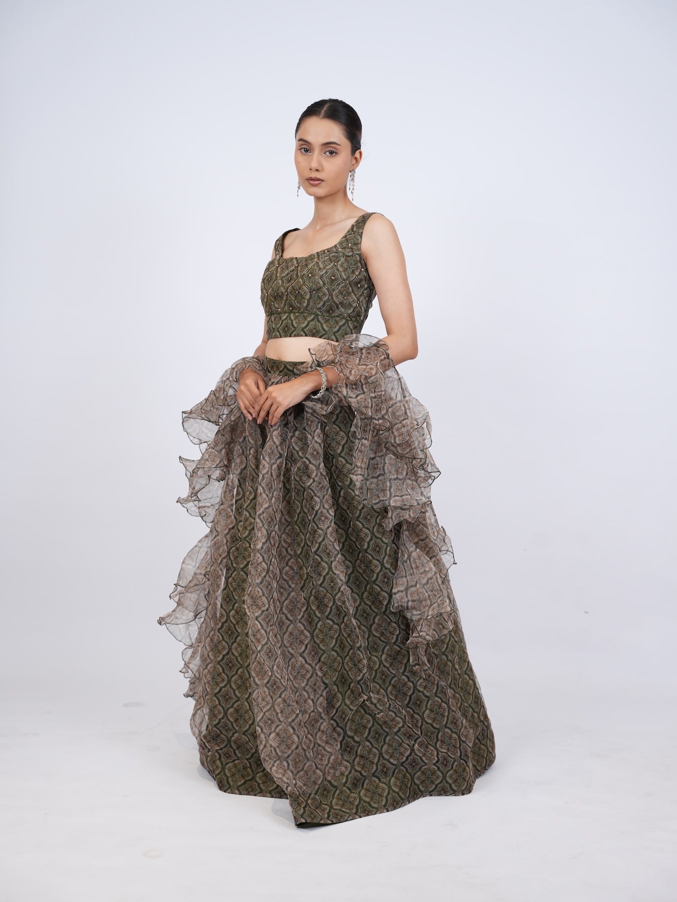 Olive Patterned Lehenga Set