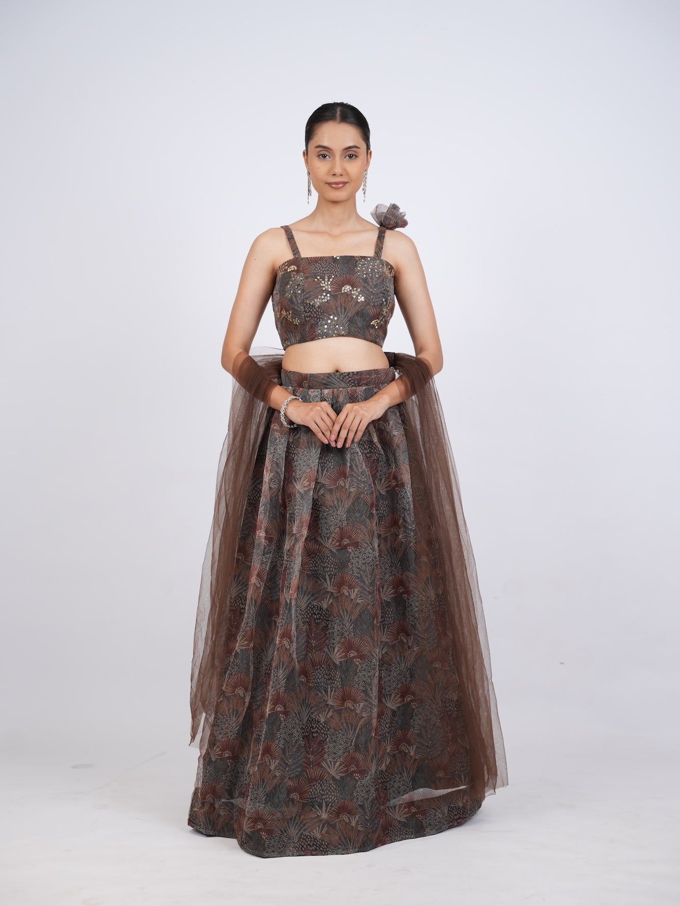 Brown Printed Lehenga Set