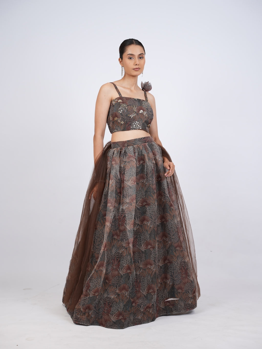 Brown Printed Lehenga Set