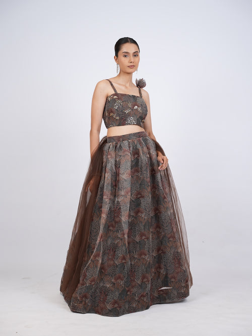 Brown Printed Lehenga Set