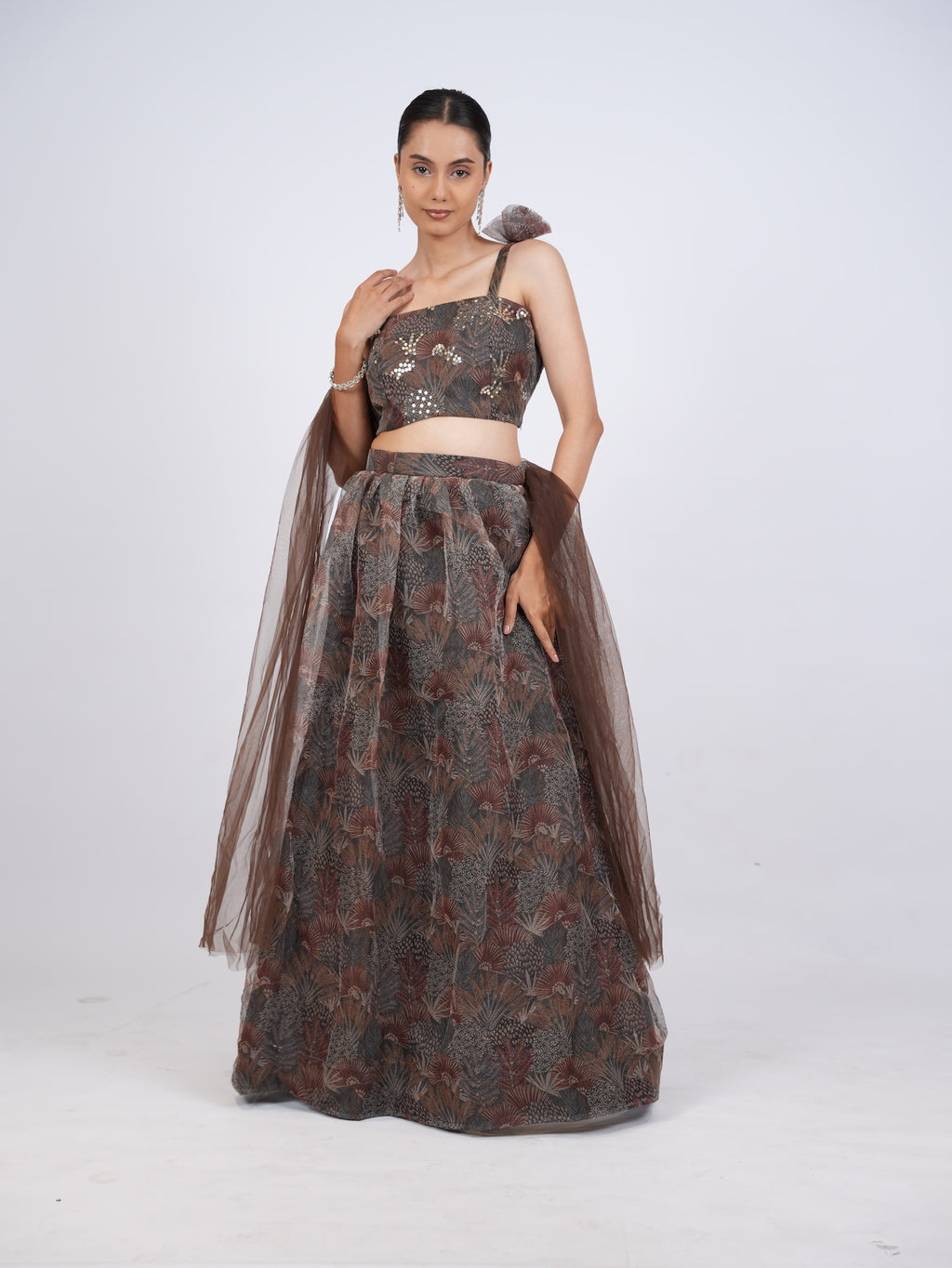 Brown Printed Lehenga Set