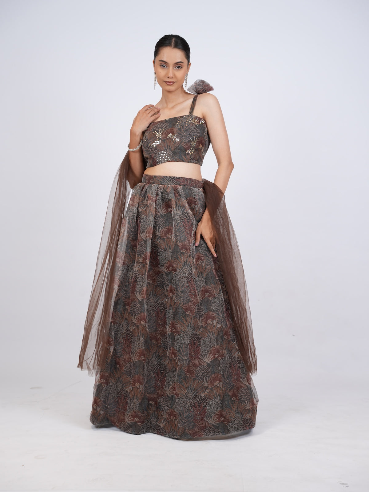 Brown Printed Lehenga Set