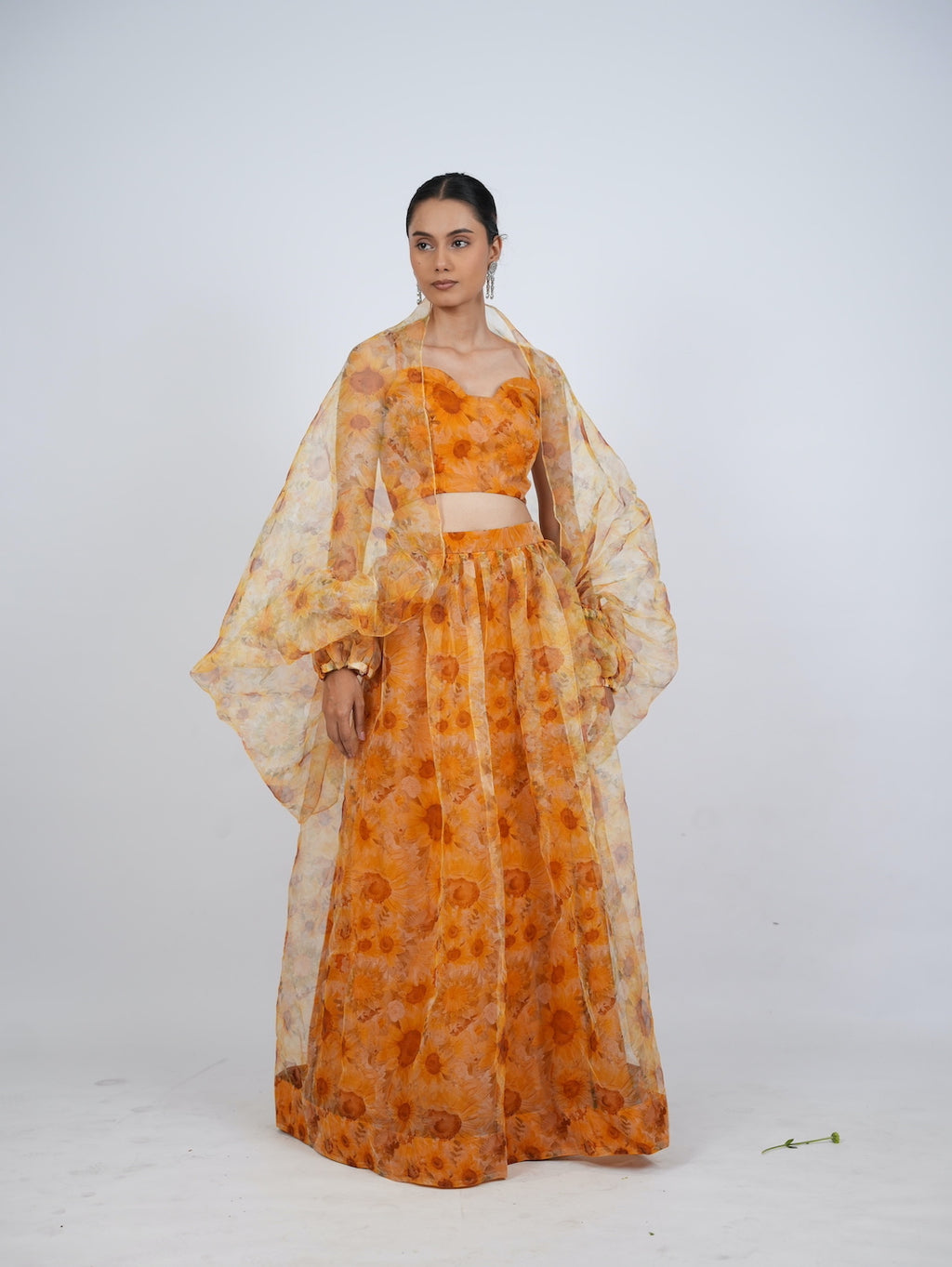 Yellow Floral Print Lehenga Set with Sheer Drapes