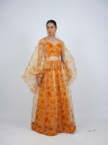 Yellow Floral Print Lehenga Set with Sheer Drapes