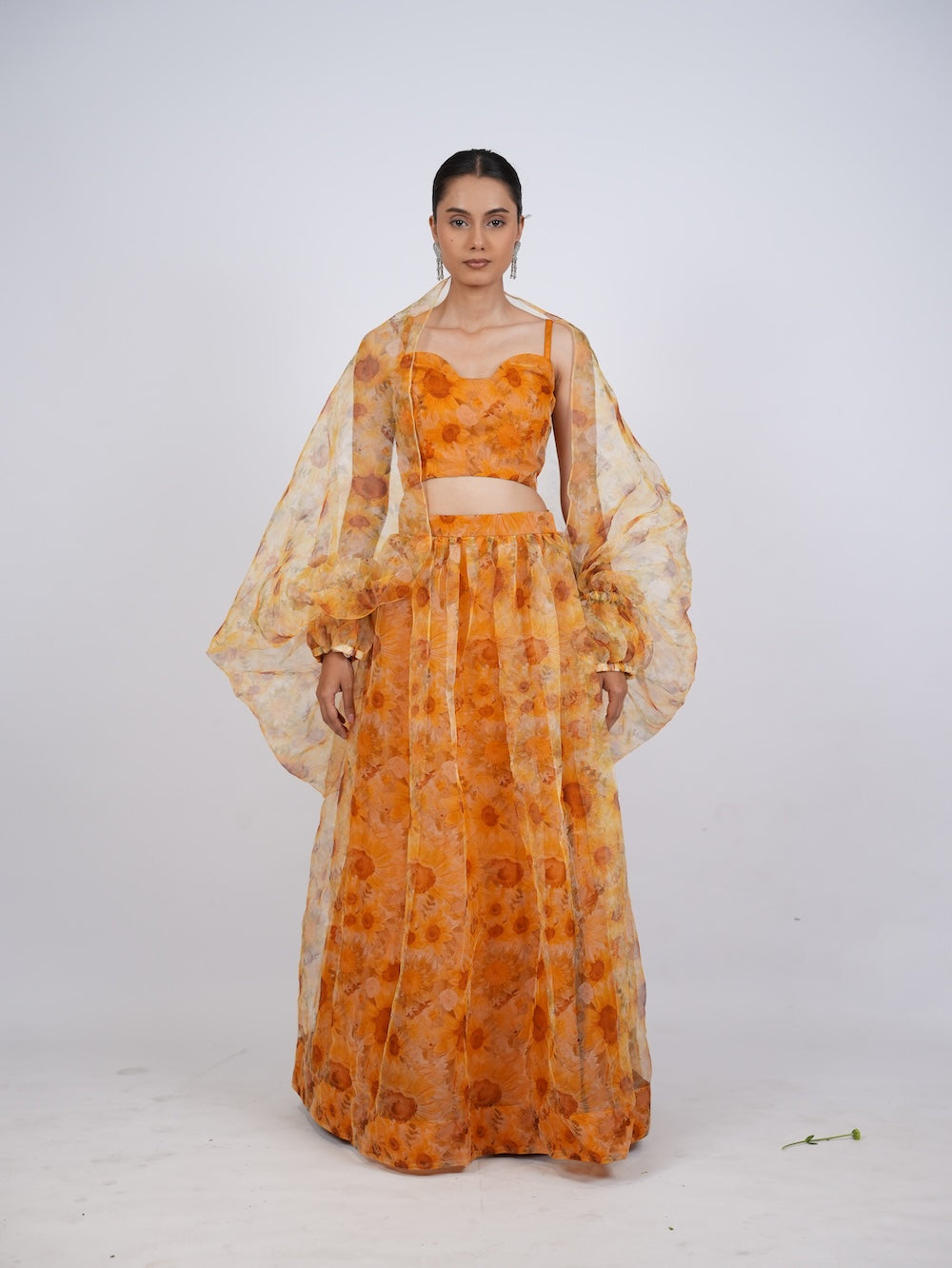 Yellow Floral Print Lehenga Set with Sheer Drapes