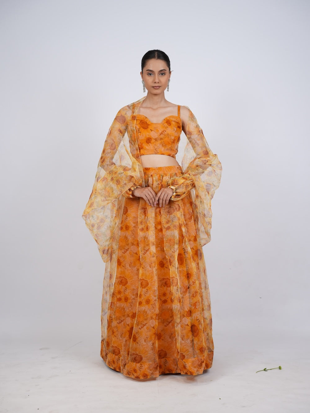 Yellow Floral Print Lehenga Set with Sheer Drapes
