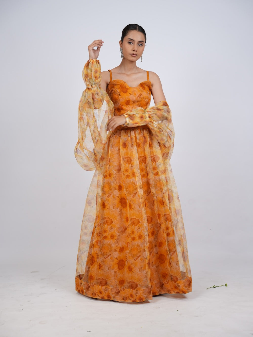 Yellow Floral Print Lehenga Set with Sheer Drapes