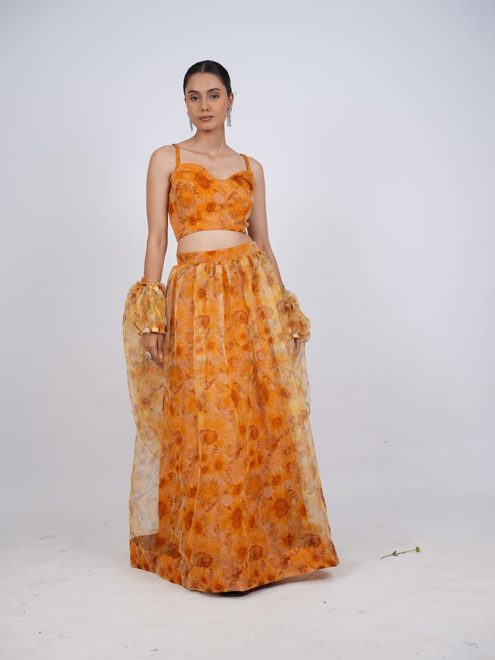 Yellow Floral Print Lehenga Set with Sheer Drapes