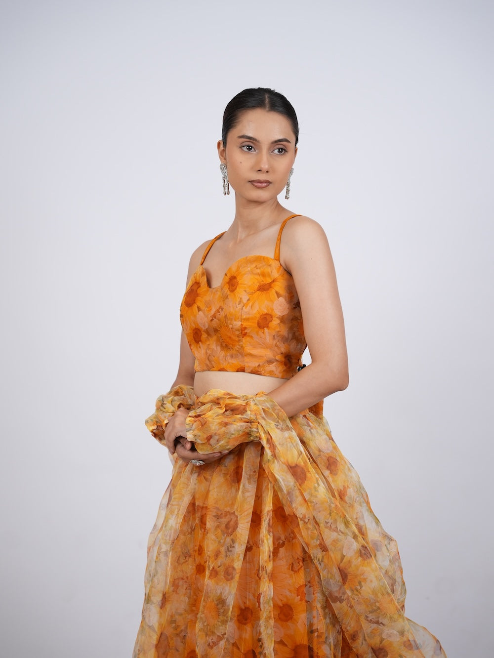 Yellow Floral Print Lehenga Set with Sheer Drapes