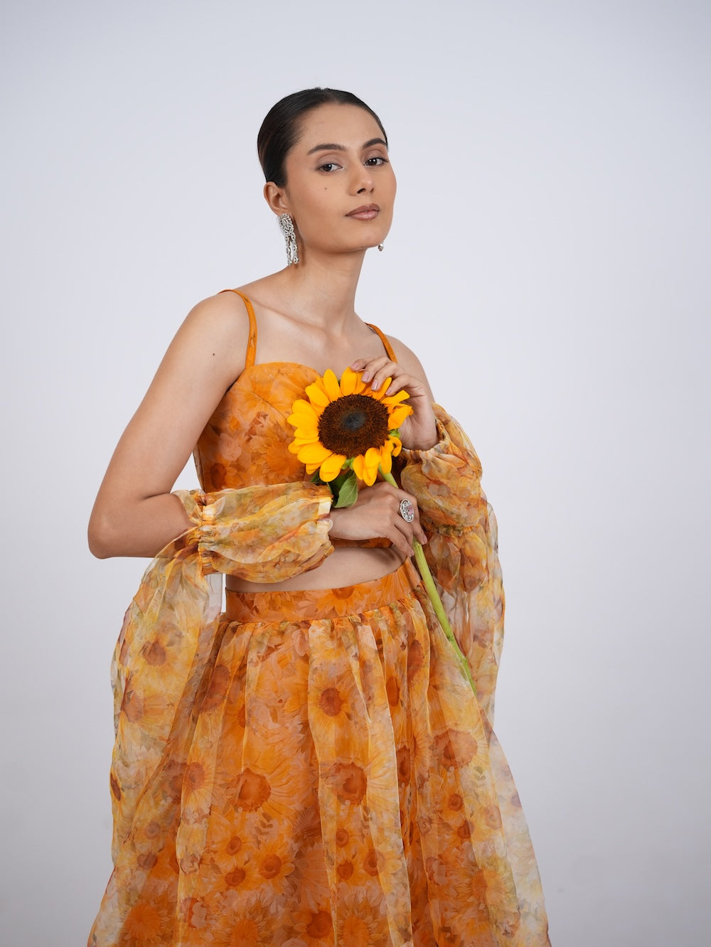 Yellow Floral Print Lehenga Set with Sheer Drapes