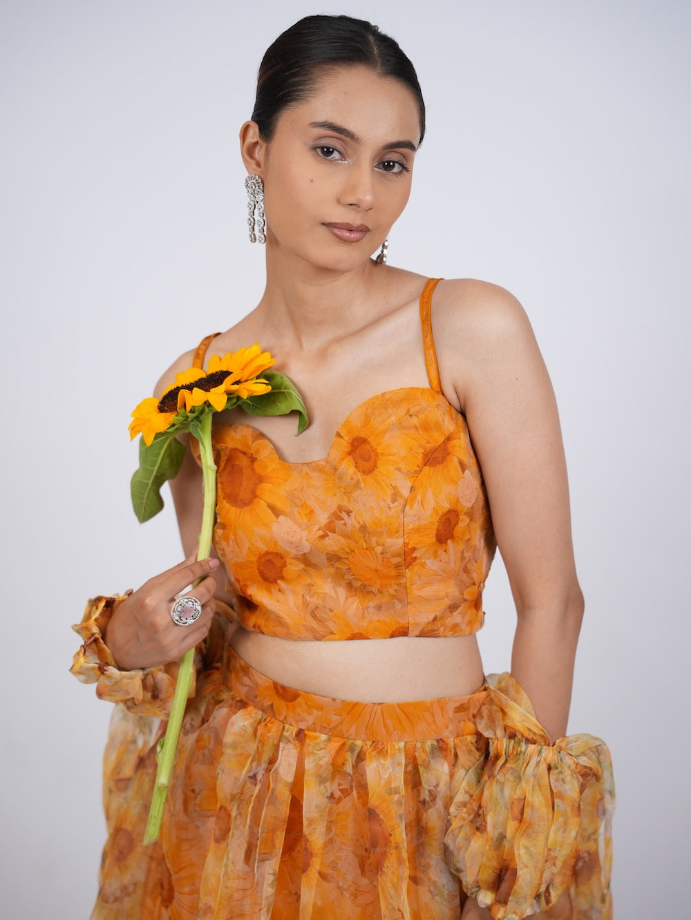 Yellow Floral Print Lehenga Set with Sheer Drapes