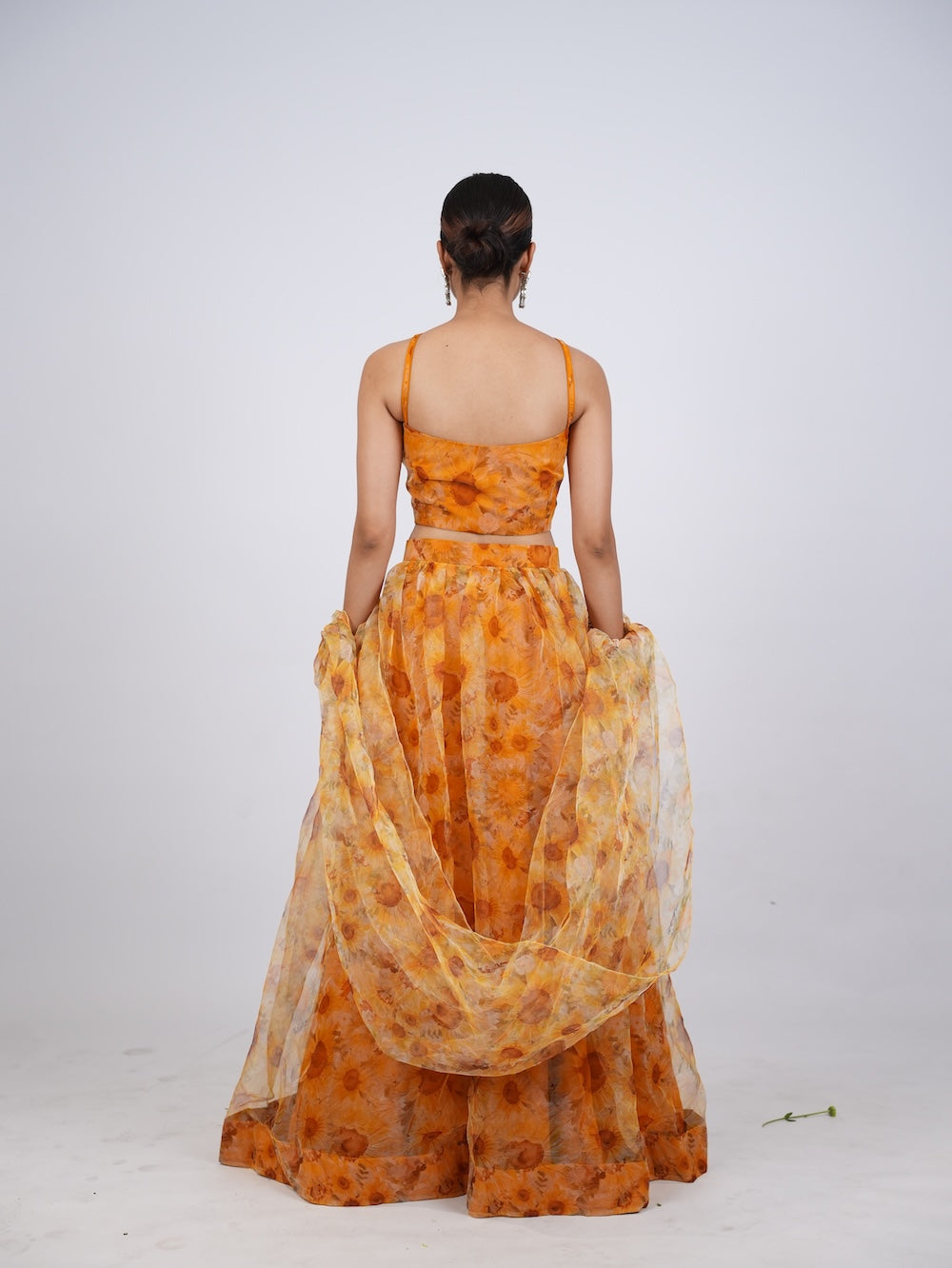 Yellow Floral Print Lehenga Set with Sheer Drapes