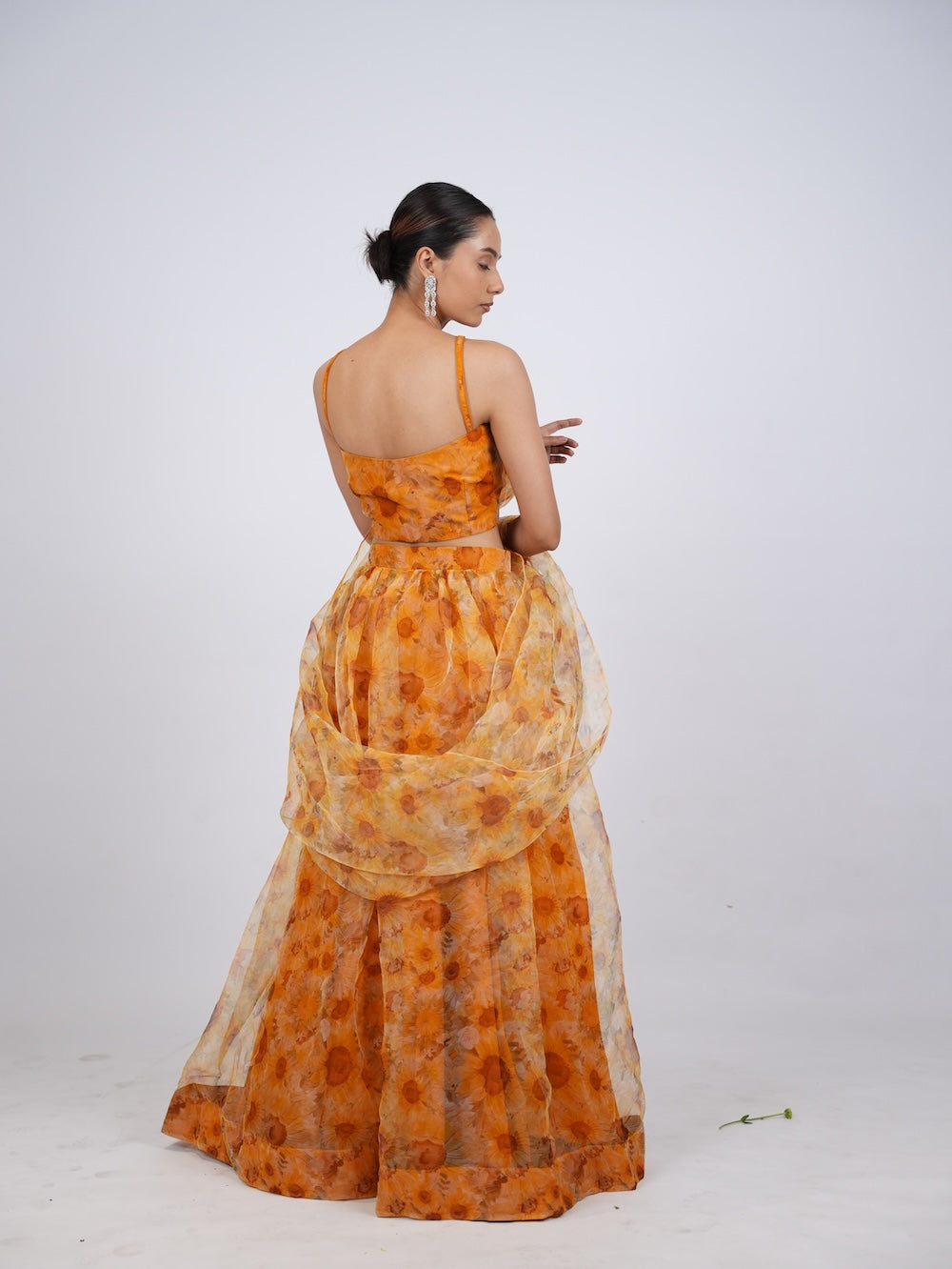 Yellow Floral Print Lehenga Set with Sheer Drapes
