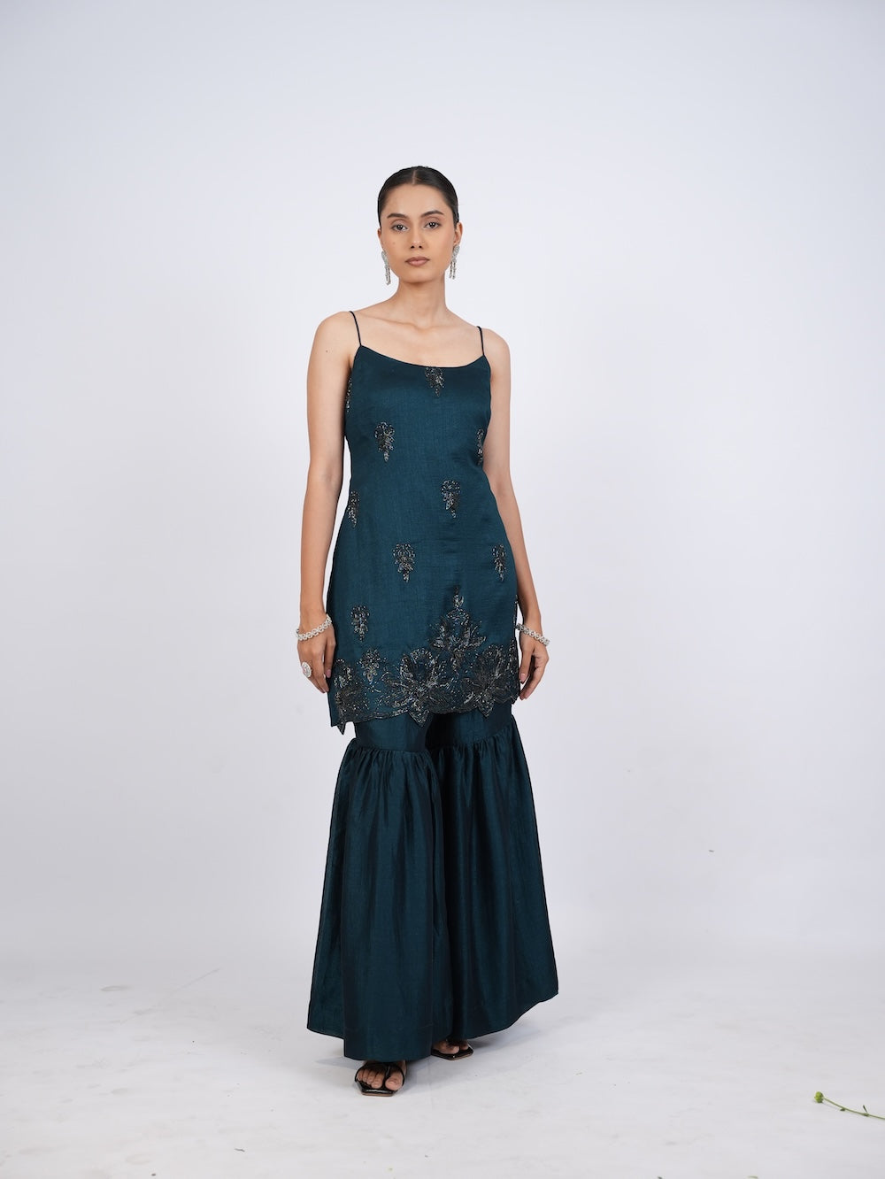 Dark Teal Embellished Kurti and Sharara Set