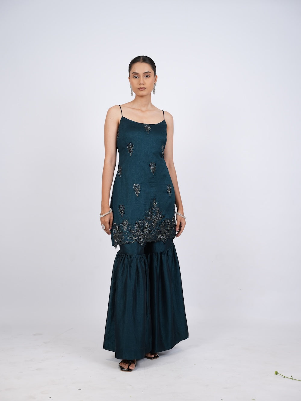 Dark Teal Embellished Kurti and Sharara Set