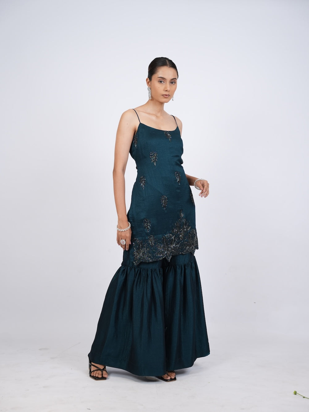 Dark Teal Embellished Kurti and Sharara Set
