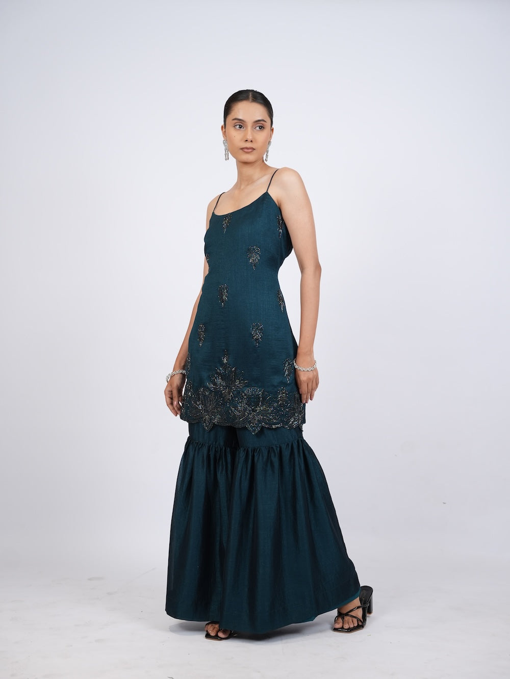 Dark Teal Embellished Kurti and Sharara Set