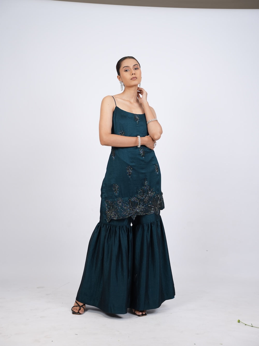 Dark Teal Embellished Kurti and Sharara Set