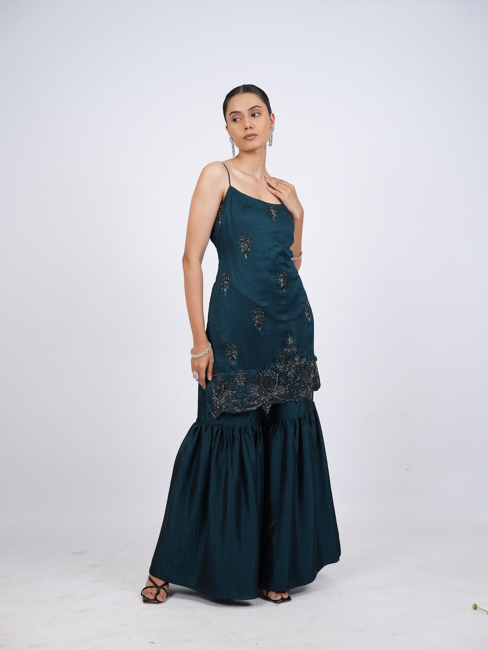 Dark Teal Embellished Kurti and Sharara Set