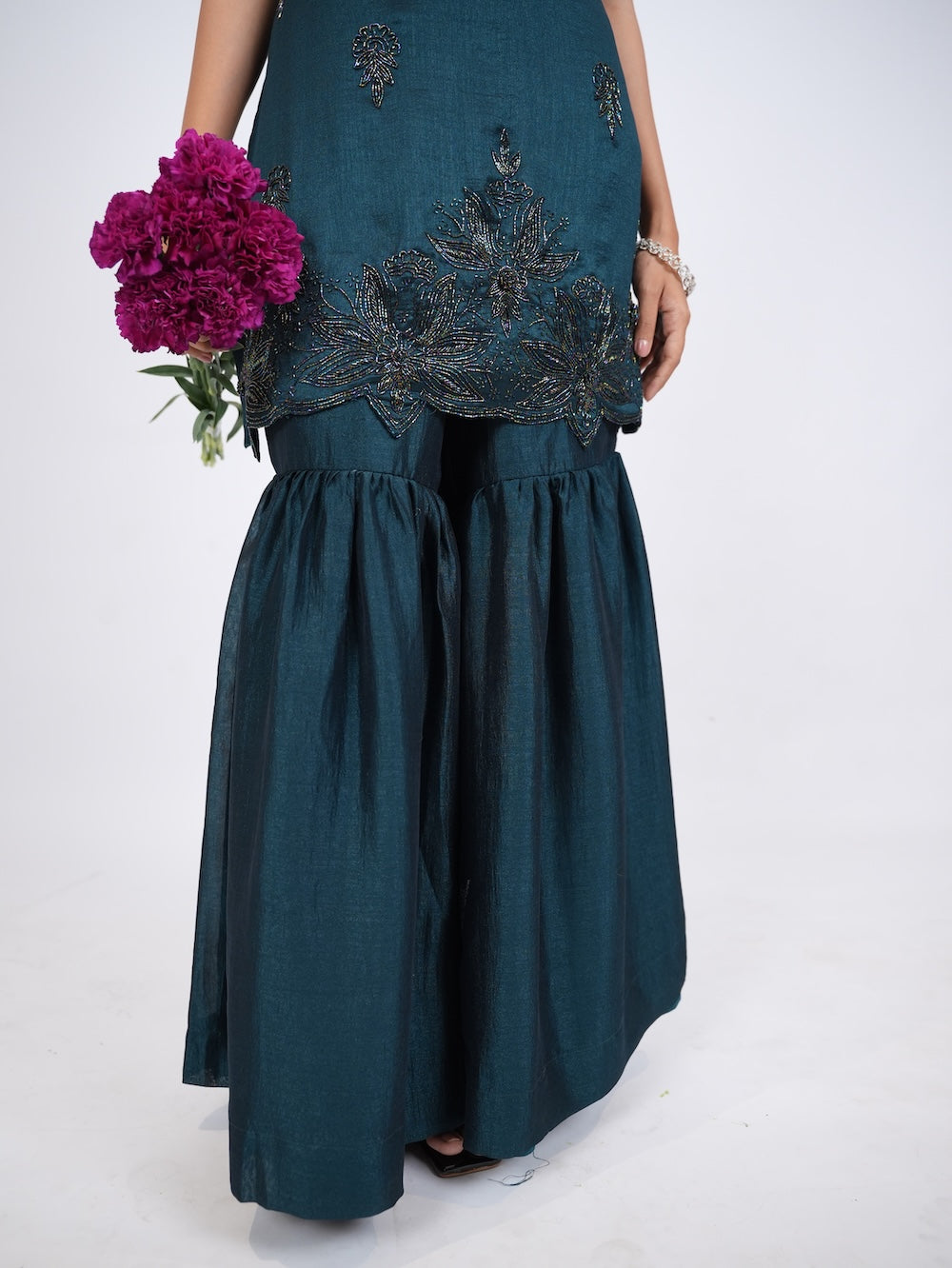 Dark Teal Embellished Kurti and Sharara Set