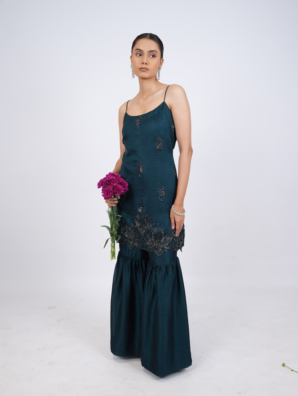 Dark Teal Embellished Kurti and Sharara Set