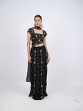 Black and Gold Floral Embroidered Crop Top and Skirt Set