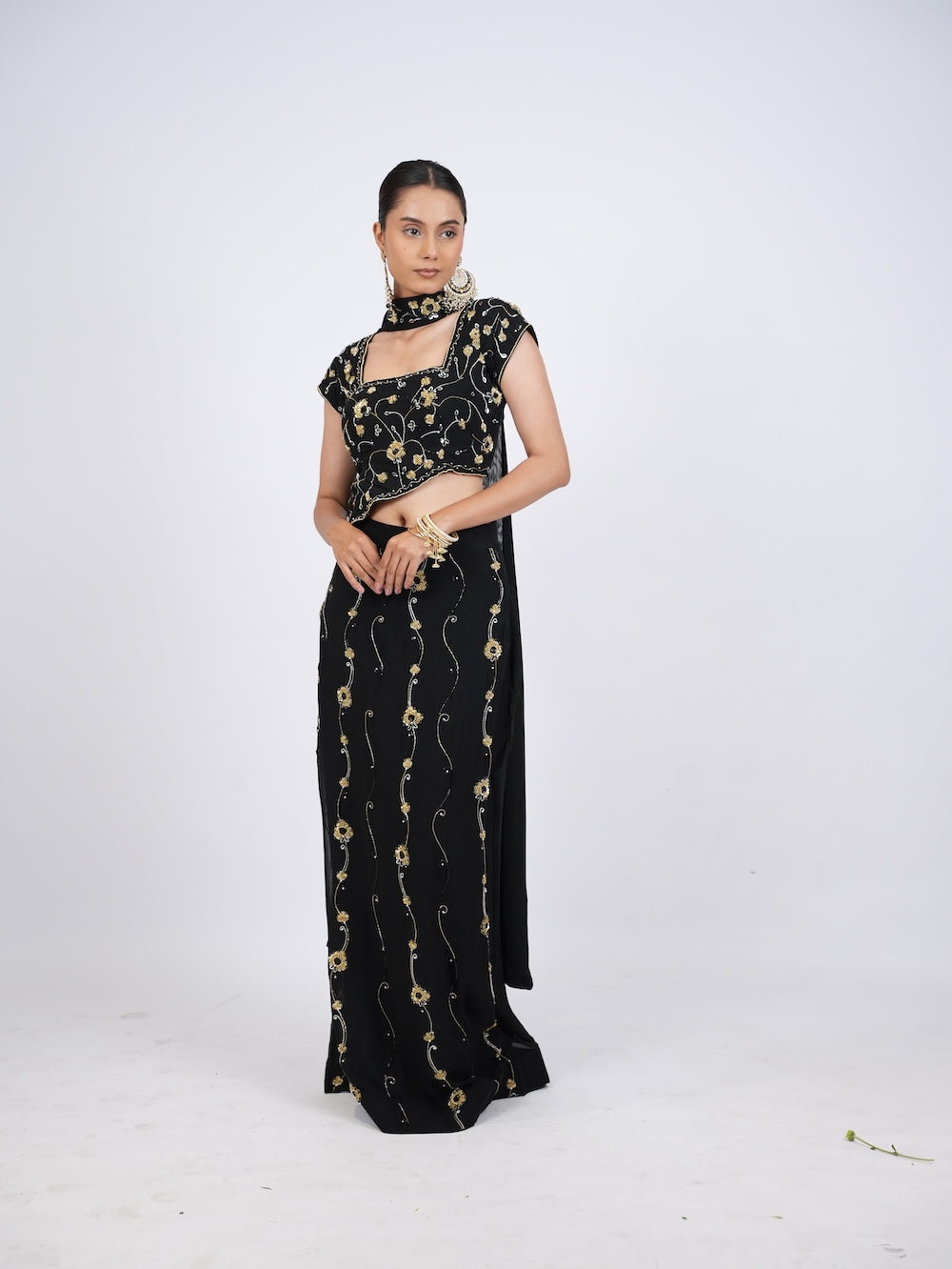 Black and Gold Floral Embroidered Crop Top and Skirt Set