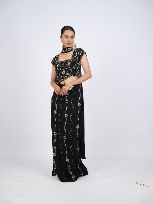 Black and Gold Floral Embroidered Crop Top and Skirt Set