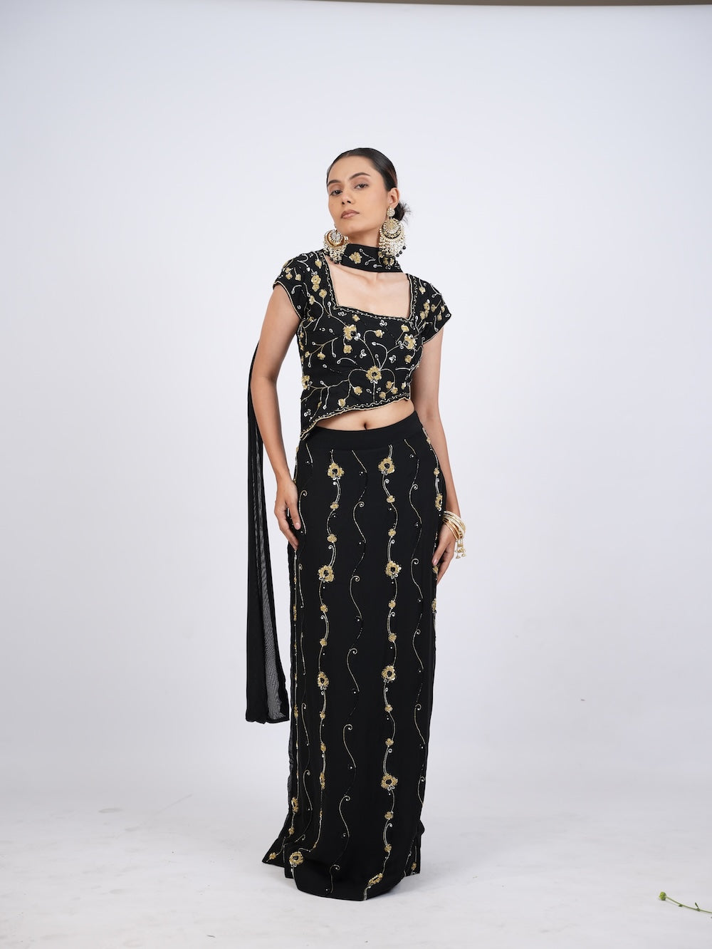 Black and Gold Floral Embroidered Crop Top and Skirt Set