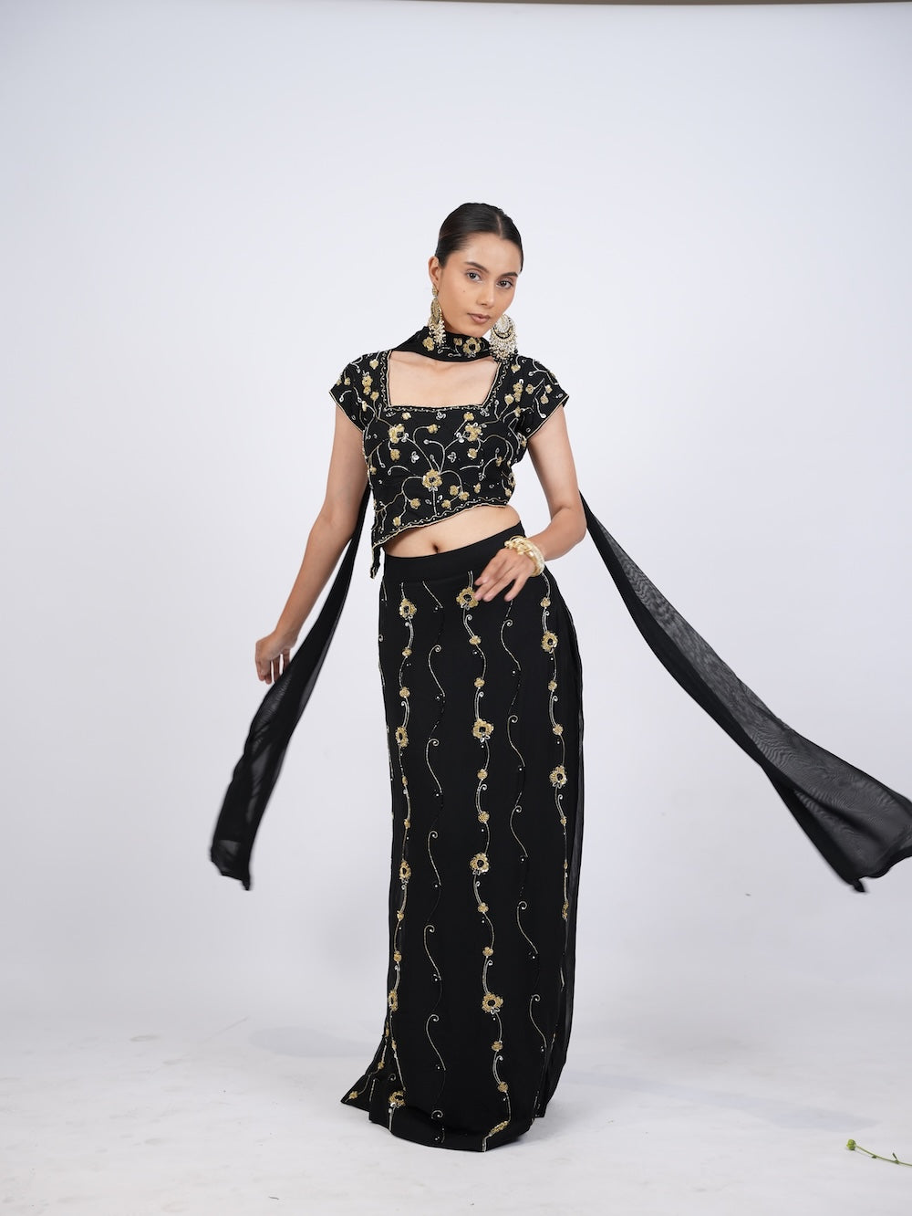 Black and Gold Floral Embroidered Crop Top and Skirt Set