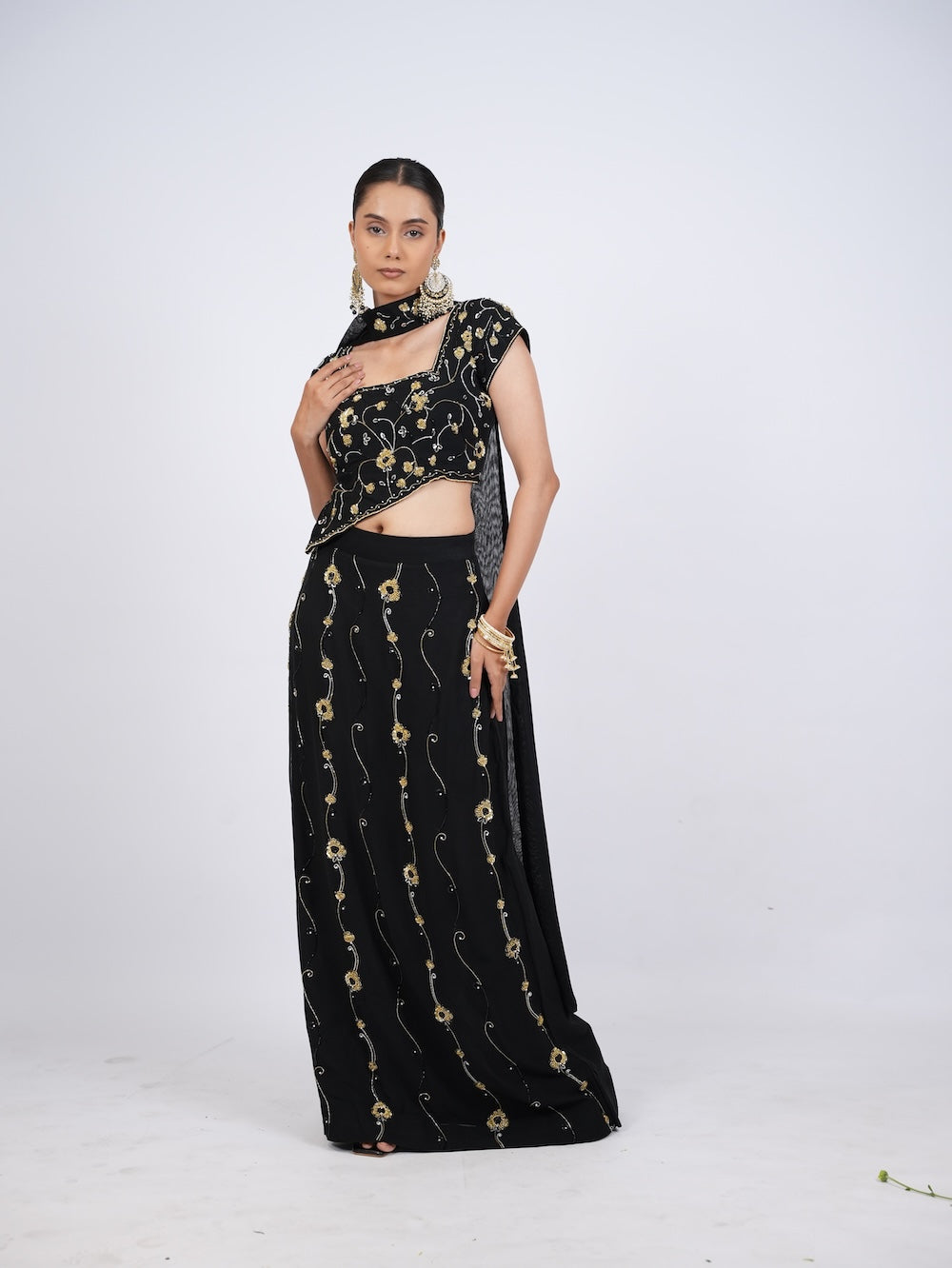 Black and Gold Floral Embroidered Crop Top and Skirt Set