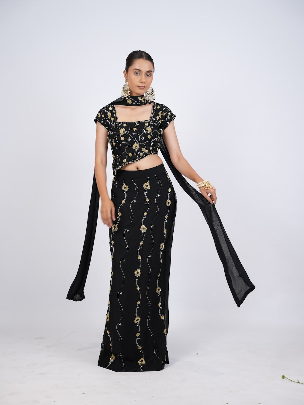Black and Gold Floral Embroidered Crop Top and Skirt Set