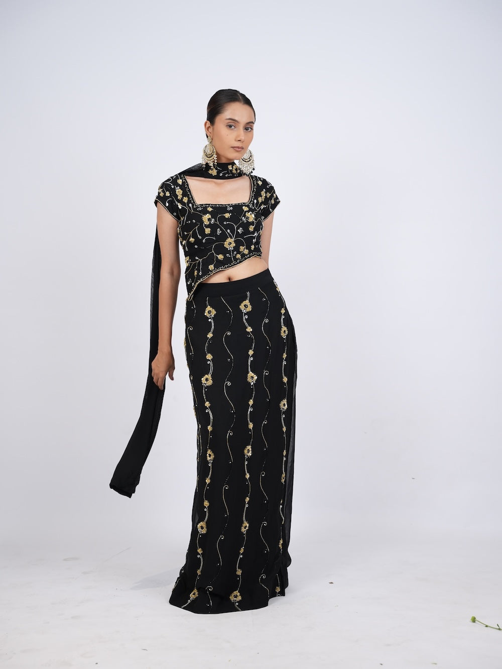 Black and Gold Floral Embroidered Crop Top and Skirt Set