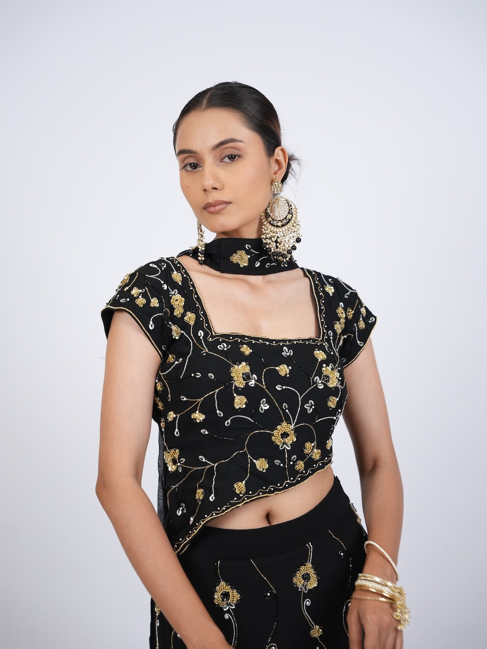 Black and Gold Floral Embroidered Crop Top and Skirt Set