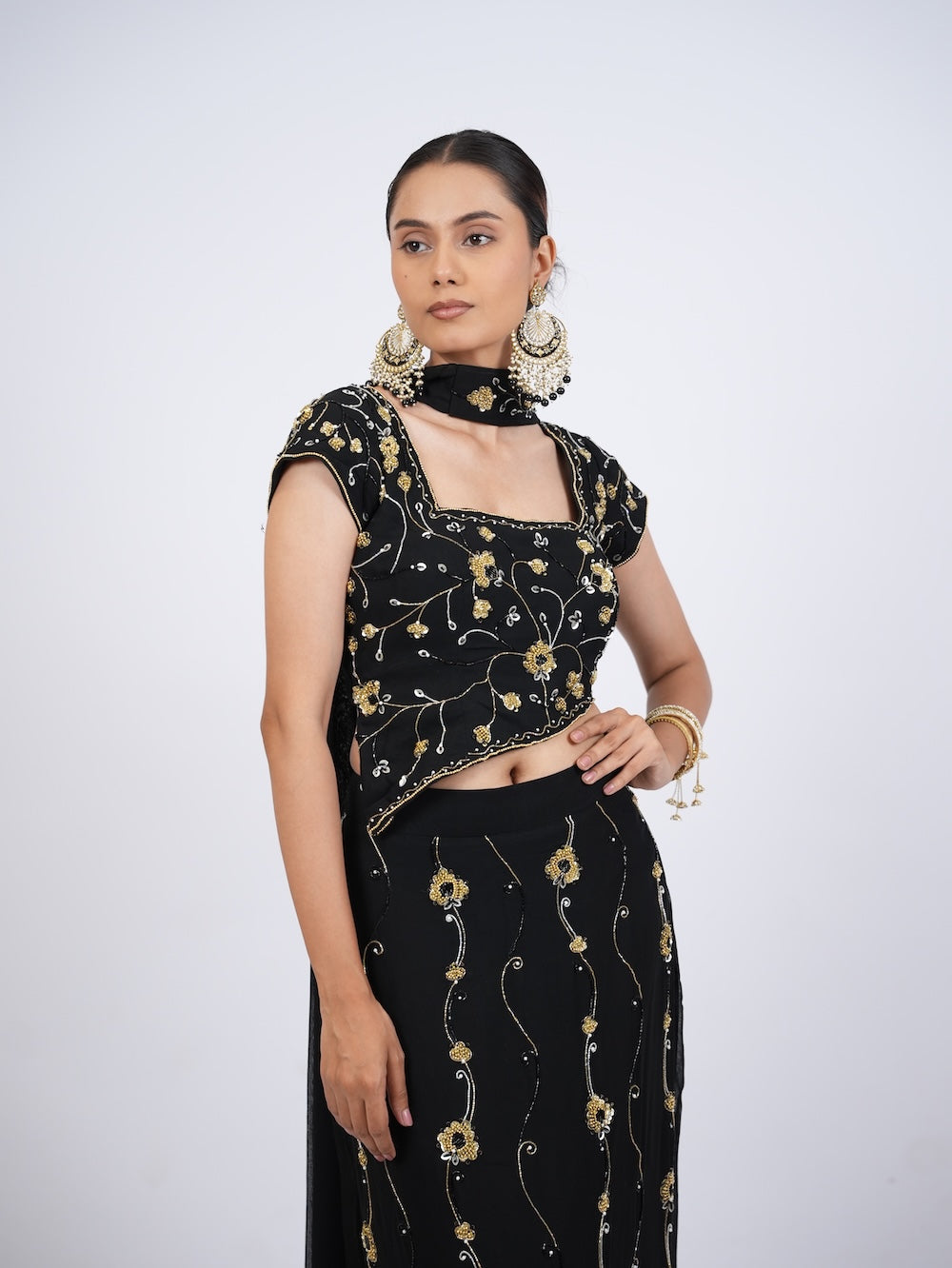 Black and Gold Floral Embroidered Crop Top and Skirt Set