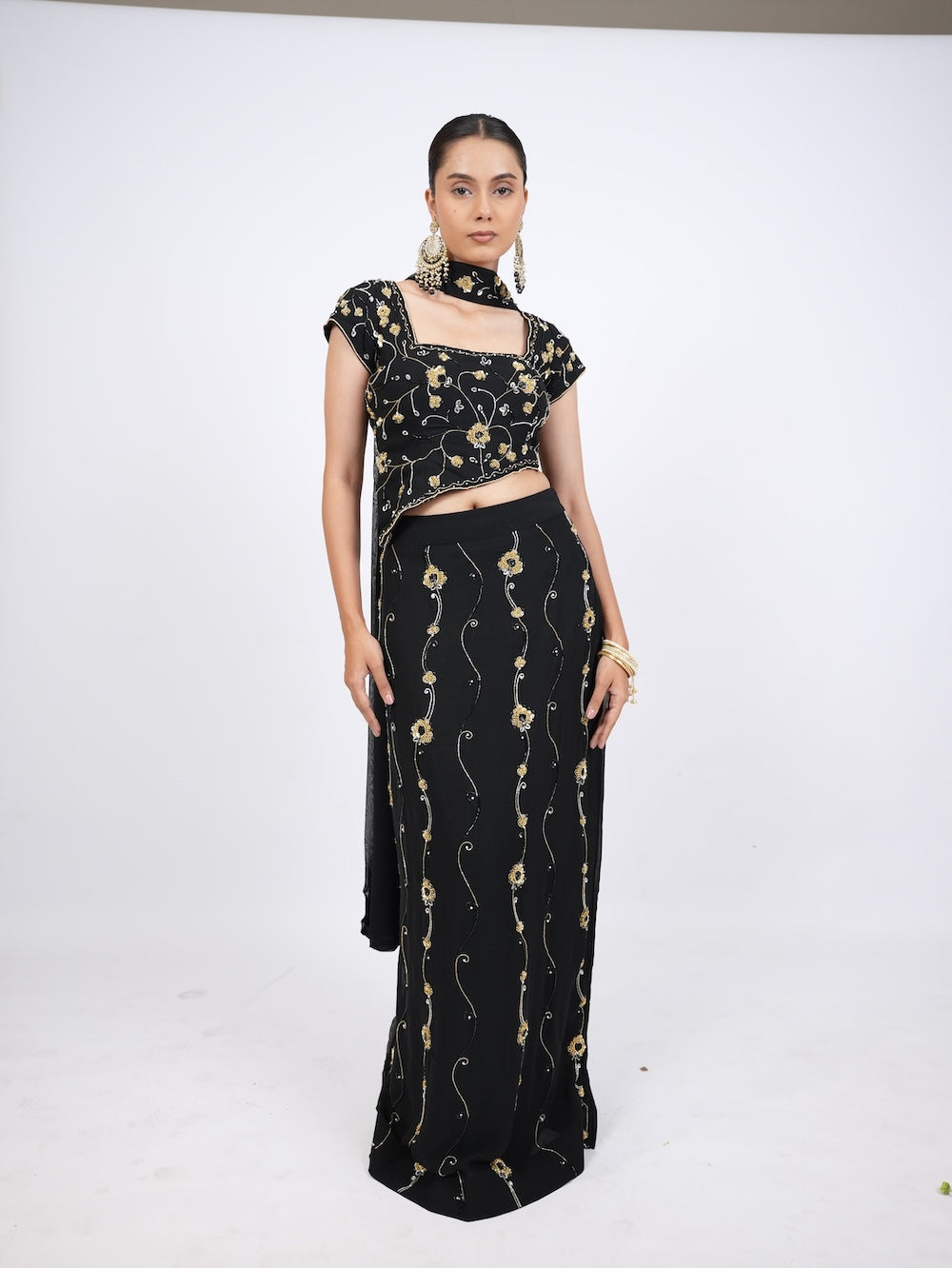 Black and Gold Floral Embroidered Crop Top and Skirt Set