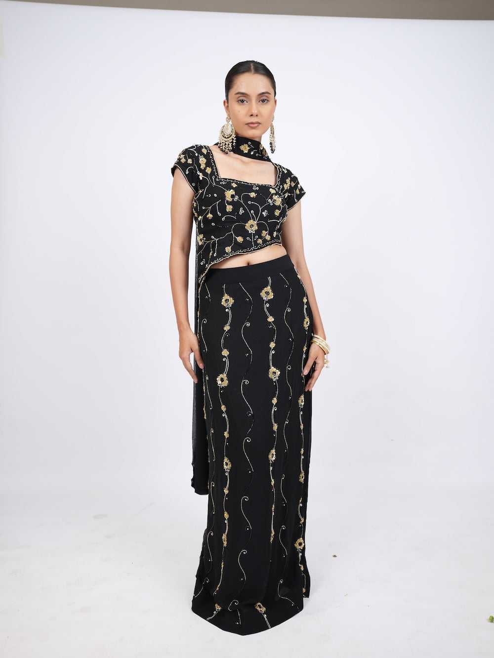 Black and Gold Floral Embroidered Crop Top and Skirt Set