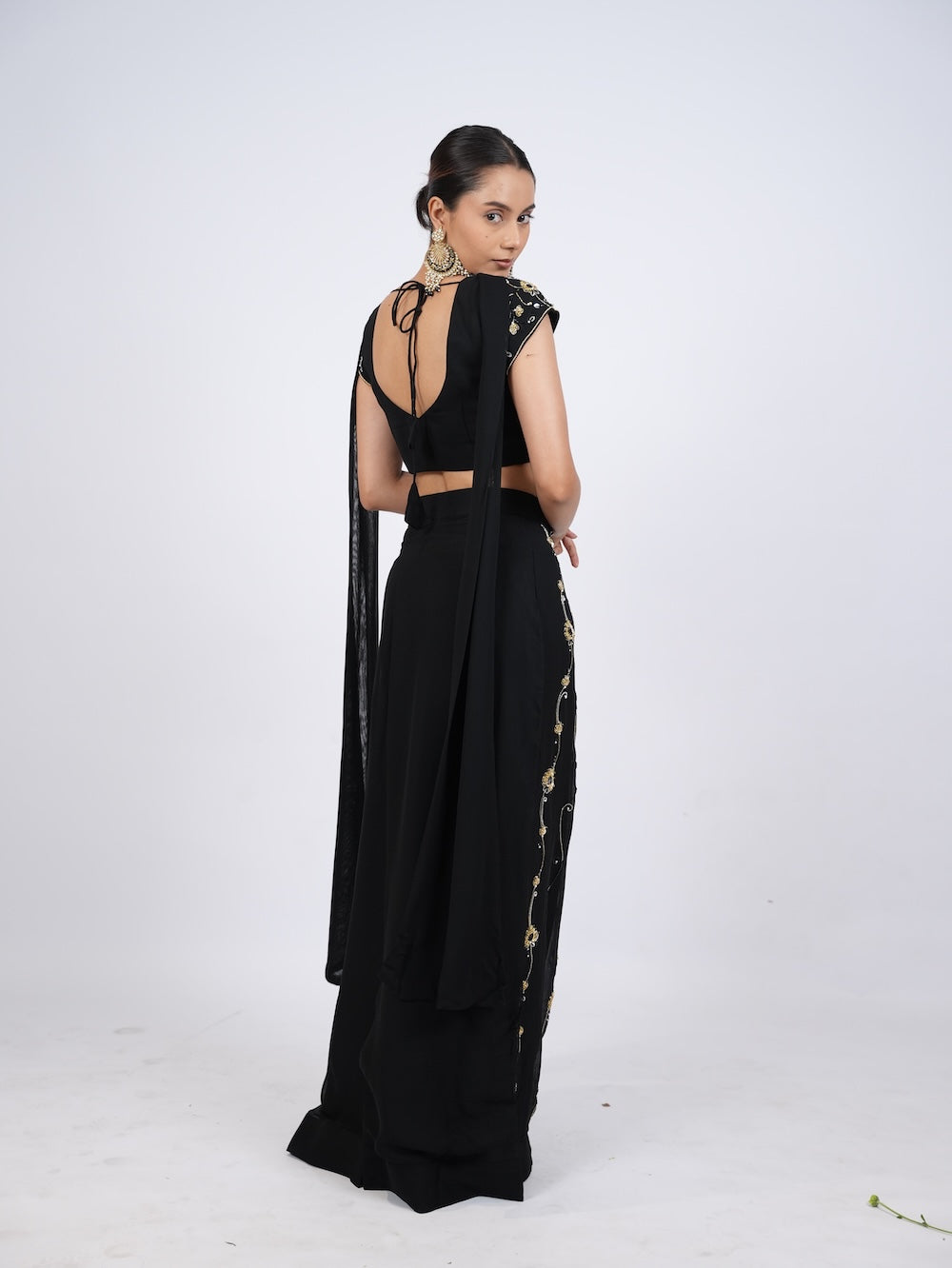 Black and Gold Floral Embroidered Crop Top and Skirt Set