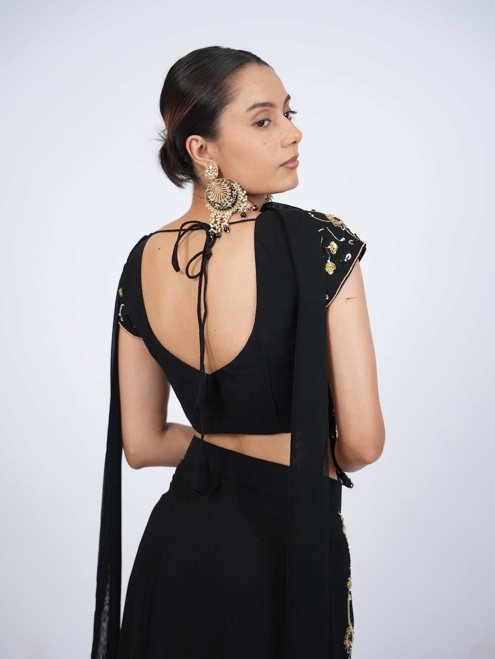 Black and Gold Floral Embroidered Crop Top and Skirt Set