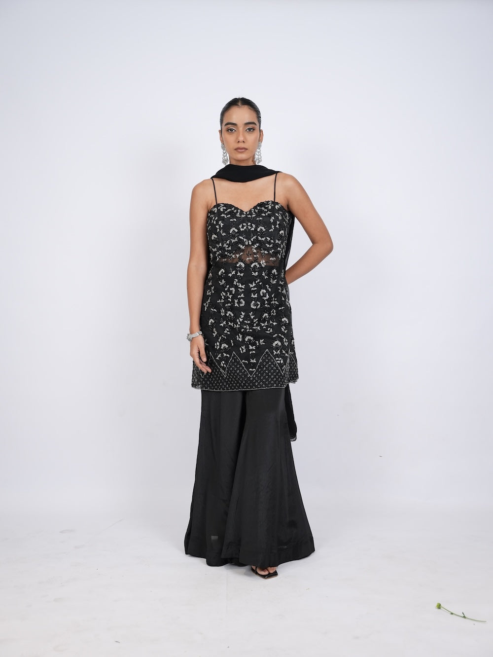 Black Embellished Kurti and Palazzo Set with Dupatta