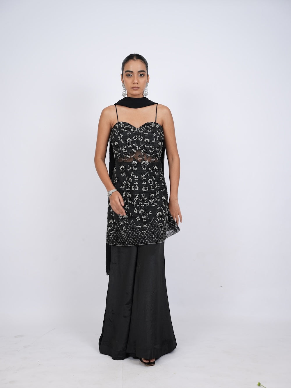 Black Embellished Kurti and Palazzo Set with Dupatta
