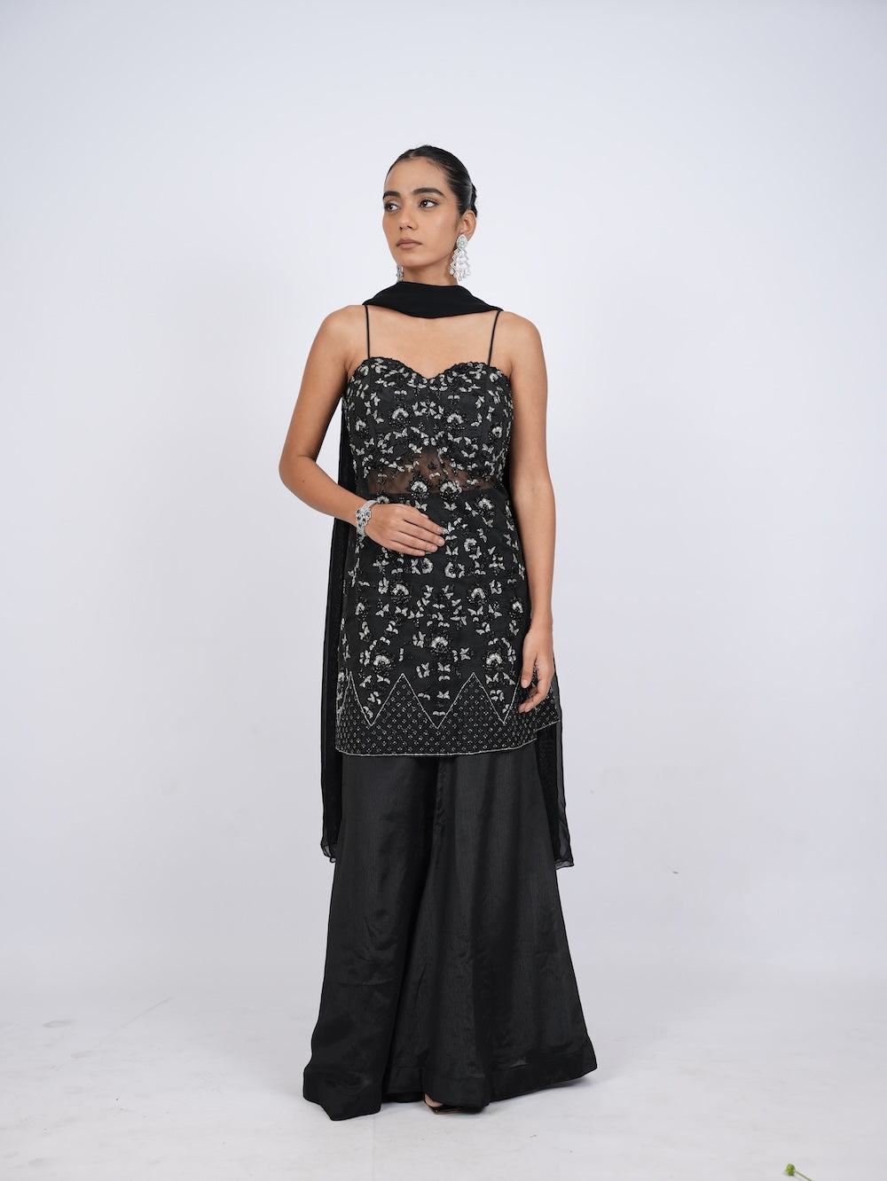 Black Embellished Kurti and Palazzo Set with Dupatta