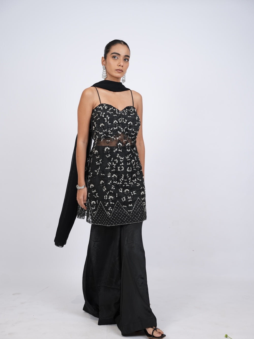 Black Embellished Kurti and Palazzo Set with Dupatta