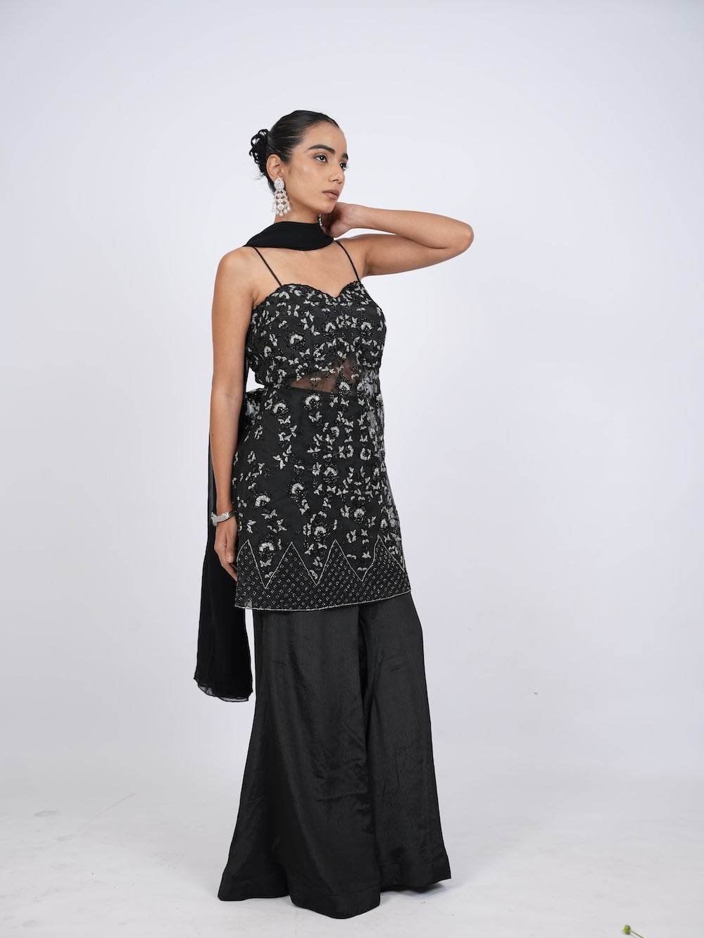 Black Embellished Kurti and Palazzo Set with Dupatta